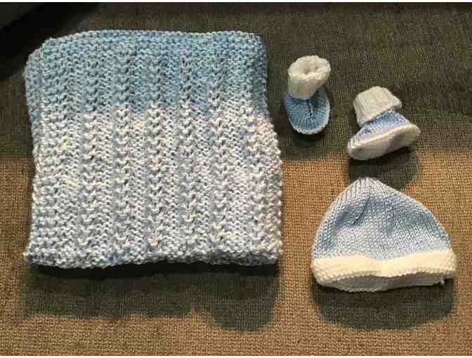 Hand Knitted Baby Hat, Booties and Blanket - White/Blue OR White/Pink - Photo 1