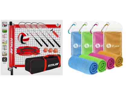 Family Fitness & Fun - Volleyball and Badminton Set and 4-pack of Cooling Towels