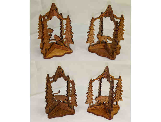Handmade 3D Wooden Ornaments - Set of 4 (Bird, Fox, Cougar & Bear)