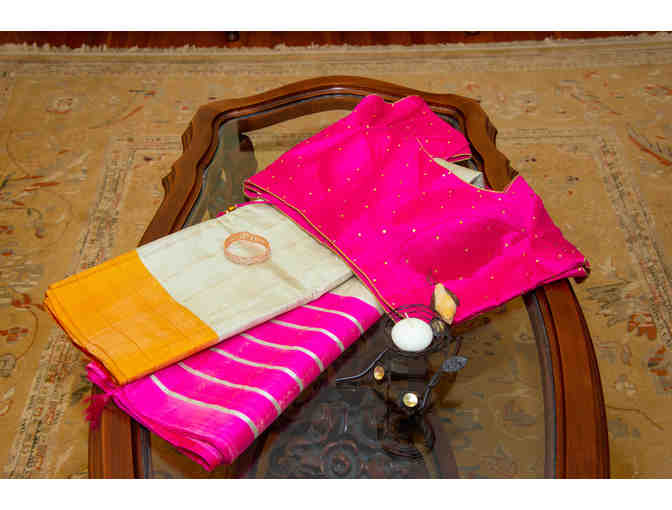 Offwhite/Pink/Yellow Jacquard Silk Saree