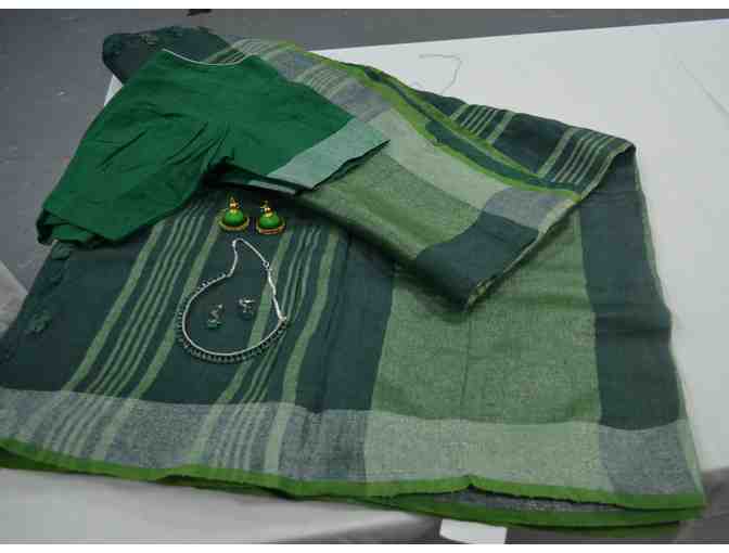 Olive Green and Silver Linen Saree