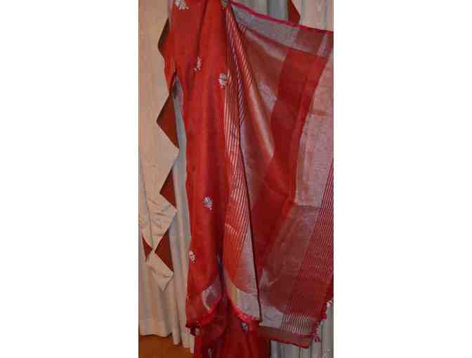 Subdued Red with Silver border - Linen Saree
