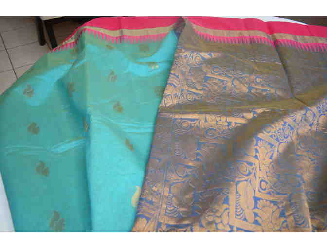 Teal (Ramar color) with dual colored border in Silk Cotton Saree