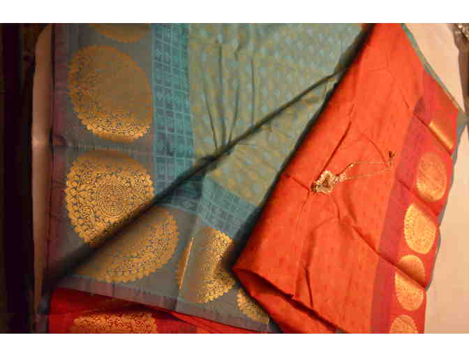 Teal and Blue Traditional Synthetic Saree