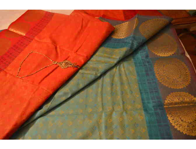 Teal and Blue Traditional Synthetic Saree