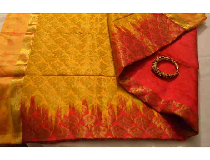 Pink and Yellow Synthetic Saree
