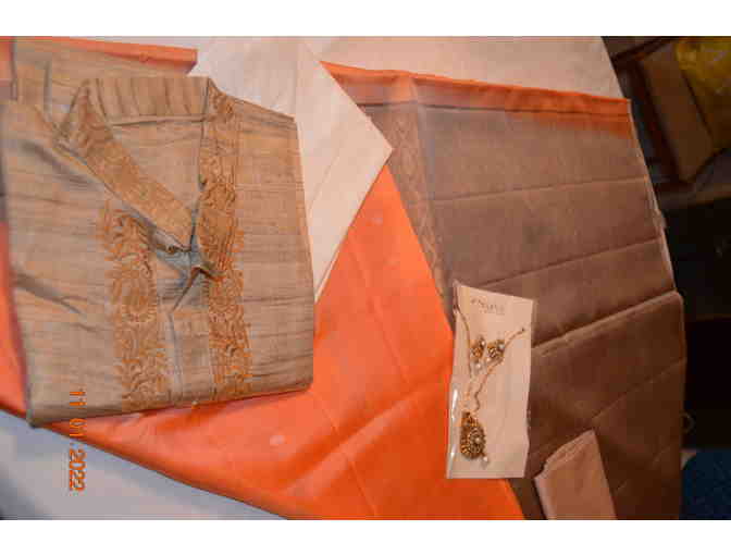 Orange Saree and Beige Kurta Set - His and Hers