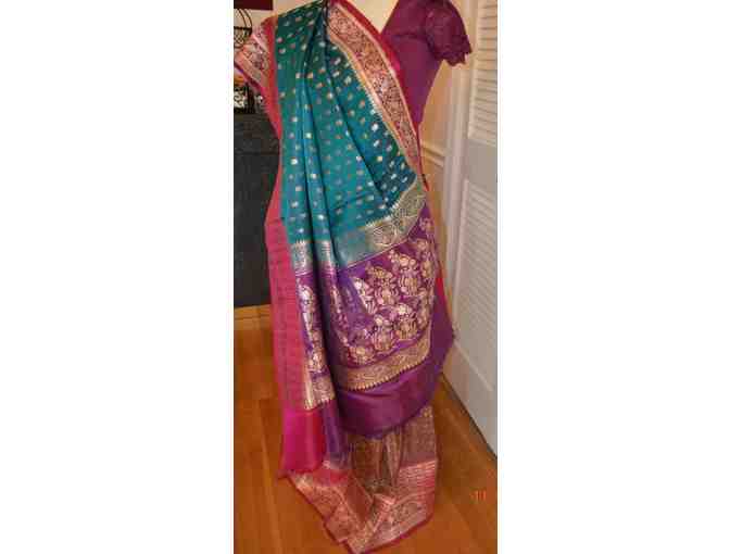 Teal and Magenta Benarasi Patli Pallu Saree