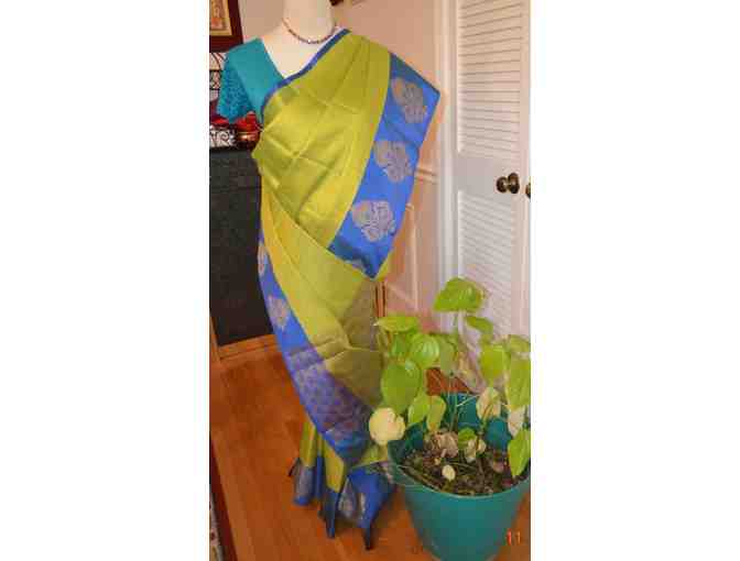 Parrot Green with Blue border Saree