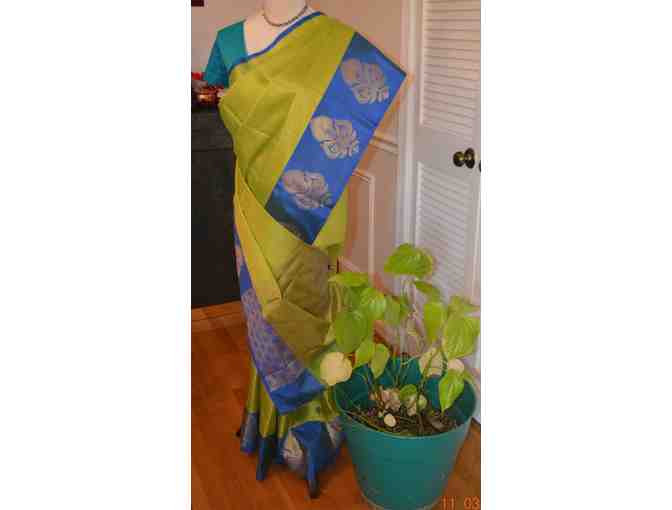 Parrot Green with Blue border Saree