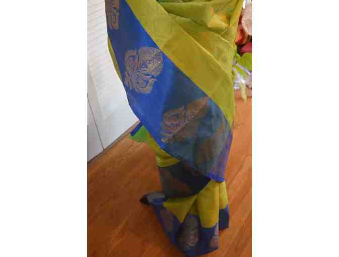 Parrot Green with Blue border Saree