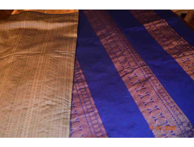 Gray Silk Cotton Saree with cream color thread weaving and blue zari border