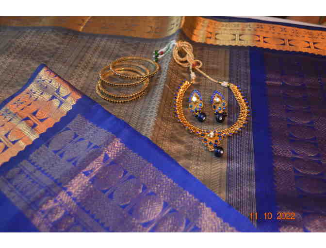 Gray Silk Cotton Saree with cream color thread weaving and blue zari border