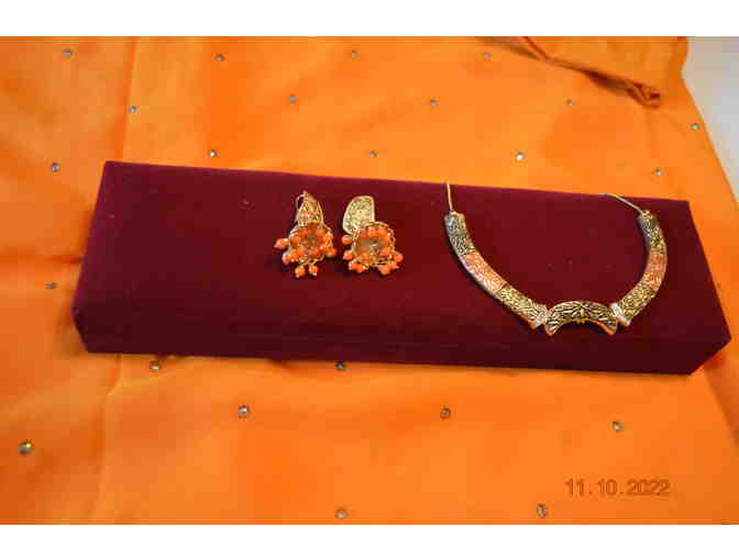 Orange synthetic saree with embroidery and sequence