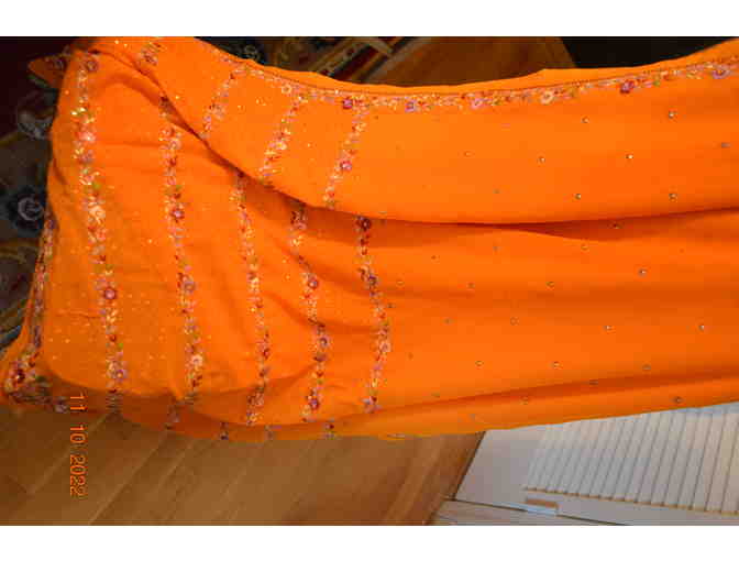 Orange synthetic saree with embroidery and sequence