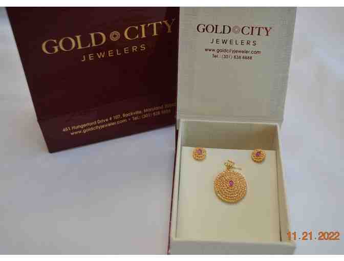 22K Gold Earrings and Pendant set with Ruby & White Stones