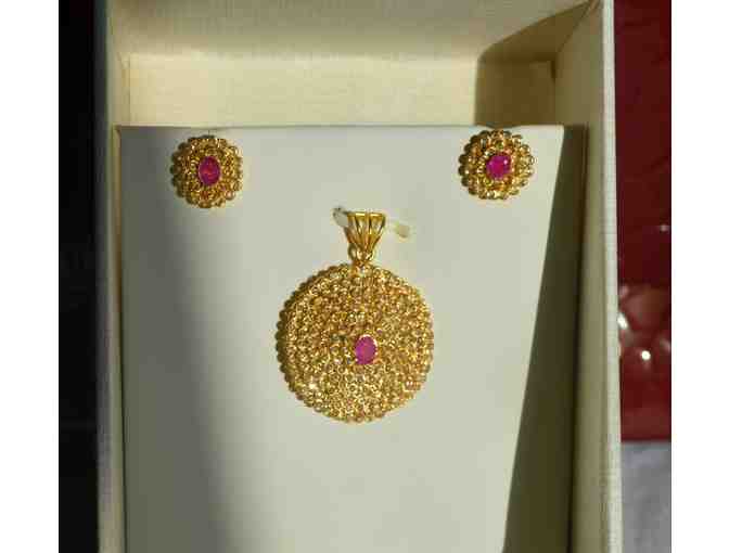 22K Gold Earrings and Pendant set with Ruby & White Stones