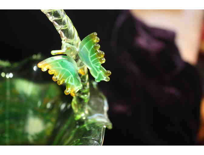 Fenton Ruffled Green Glass Basket with Handle