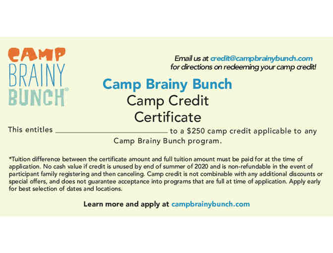 $250 credit toward Camp Brainy Bunch!