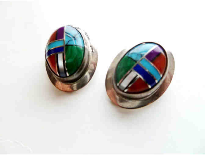 Vintage Native American Gemstone Inlay Sterling Earrings - Beautiful and one of a kind