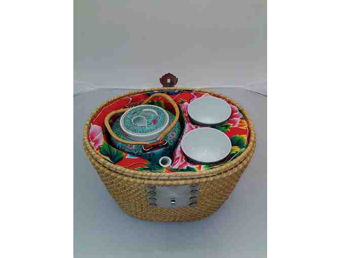 Vintage Chinese Asian Woven Wicker Basket with Tea Pot and Cups