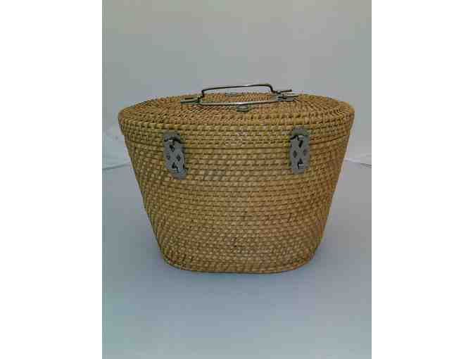 Vintage Chinese Asian Woven Wicker Basket with Tea Pot and Cups