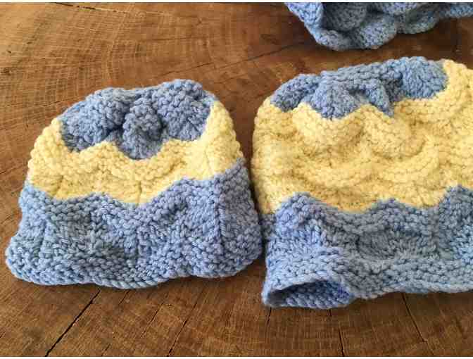 Handmade Blue and Cream Superwash Wool Baby Blanket and Hat Set