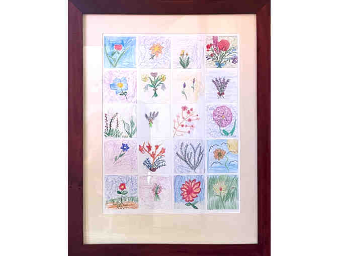 Collection of Crayon and Colored Pencil Flower Drawings by Class 2 (framed) - Photo 1