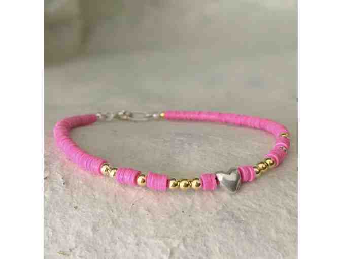 MOMandPom pink vinyl bracelet with 14k yellow gold beads and sterling silver heart