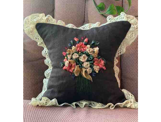 Vintage Style Silk Ribbon Embroidered Throw Pillow