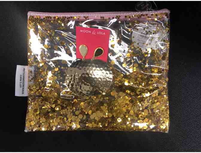 Moon and Lola Earrings & Gold Glitter Bag