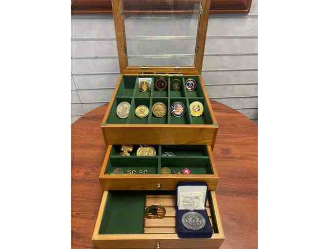 Wooden Display Box Filled with Challenge Coins and Citadel Items