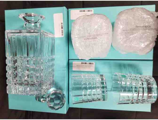 Tiffany PLAID DECANTER with 4- DBL OLD FASHION GLASSES