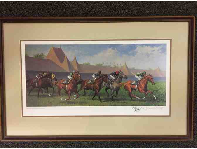 Framed print 'Turf Racing at Saratoga' signed by the artist, Jenness Cortez