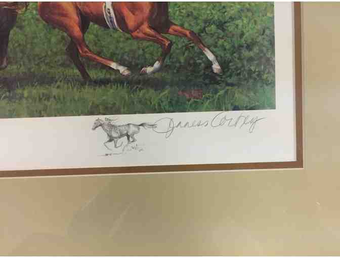 Framed print 'Turf Racing at Saratoga' signed by the artist, Jenness Cortez