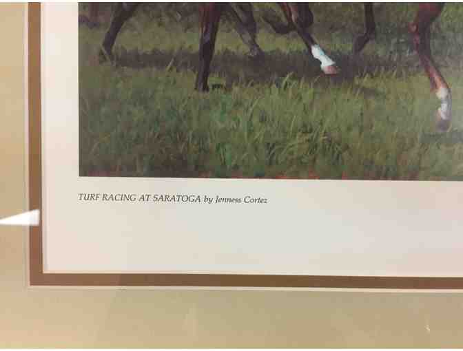 Framed print 'Turf Racing at Saratoga' signed by the artist, Jenness Cortez