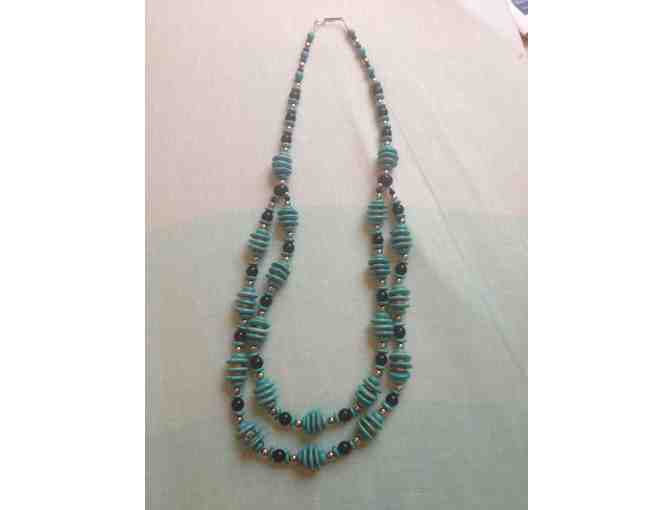 Two-strand turquoise, onyx & silver necklace by Santo Domingo artist, Tawni Terico