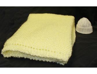 Hand-Knitted Crib Blanket and Baby Cap