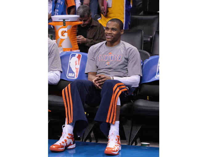 Russell Westbrook autographed/game-day worn 'El Thunder' shooting shirt