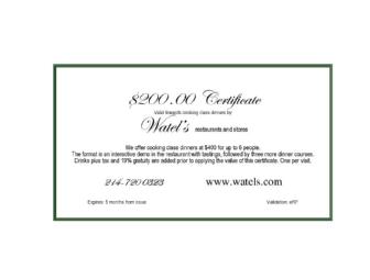 Cooking Class at Watel's Restaurant - Gift Certificate