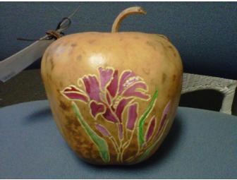Custom Carved Gourd Bird Feeder with Beautiful Hand Painted Iris