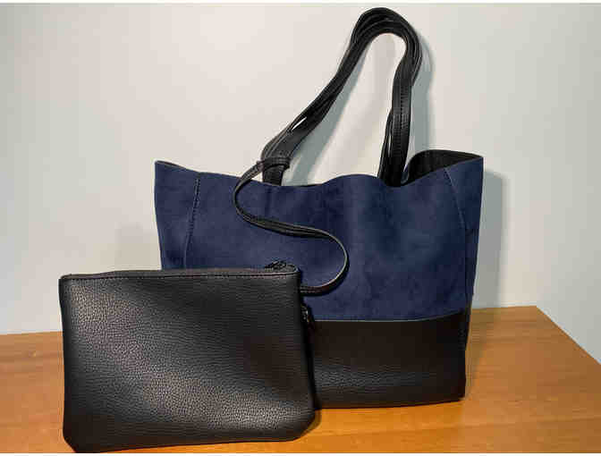 Navy Blue Suede and Black Leather Tote Bag