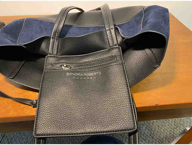 Navy Blue Suede and Black Leather Tote Bag
