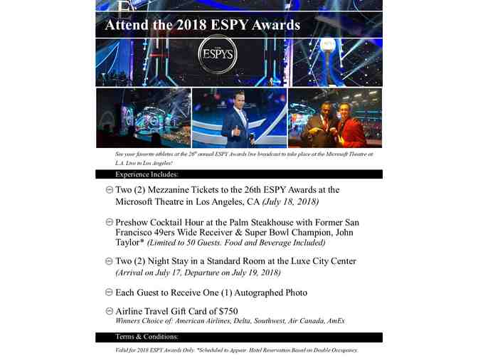 Two (2) Tickets to the 2018 ESPY Awards, Flight Voucher, & Hotel Stay