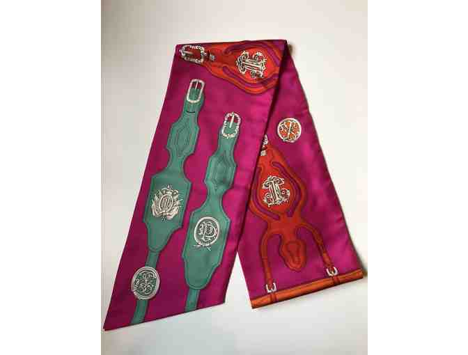 Hermes Fuchsia with Multi Color Maxi Twilly Scarf/Wrap (Color: Fuchsia/Green/Red)