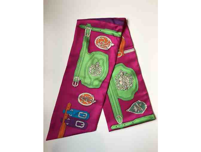 Hermes Fuchsia with Multi Color Maxi Twilly Scarf/Wrap (Color: Fuchsia/Green/Red)