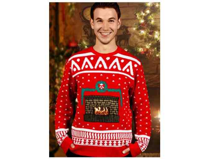 Digital Ugly Christmas Sweater (Crackling Fireplace)- Men's Large and Fireplace Beanie