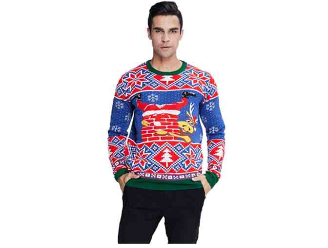 Men's RAISEVERN Ugly Christmas Sweater- Size Large and Santa Pants Hat