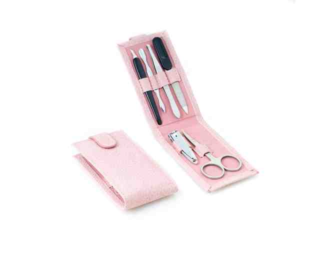 6 Piece Light Pink Manicure Set and Pink Leatherette Travel Makeup Case