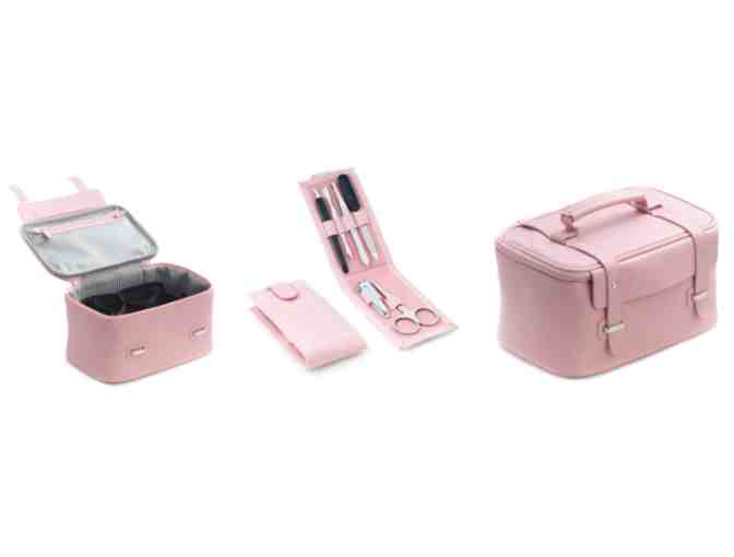 6 Piece Light Pink Manicure Set and Pink Leatherette Travel Makeup Case